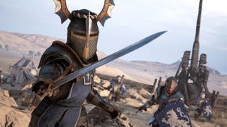 A knight in a visored helmet with dragon wings waving a sword in Chivalry 2