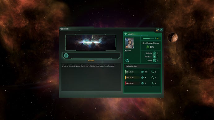A screenshot of the Stellaris Astral Rift DLC, showing a story window about a rift's formation