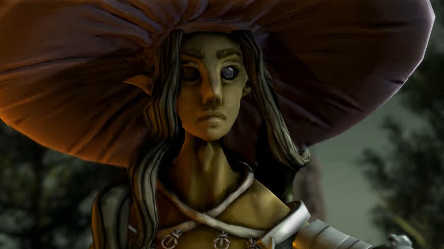 A green-skinned, elf-ear lady in a big hat in Banquet For Fools