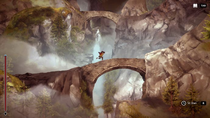 A girl runs over a stone bridge amid a rocky mountain and water tumbling in the background.