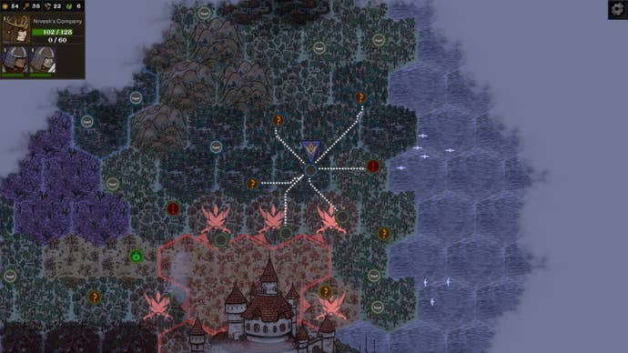 The misty hex-based overworld of Lost In The Open, showing the player's enactment moving betwixt nodes portion reddish symbols bespeak the force service coming up down them.