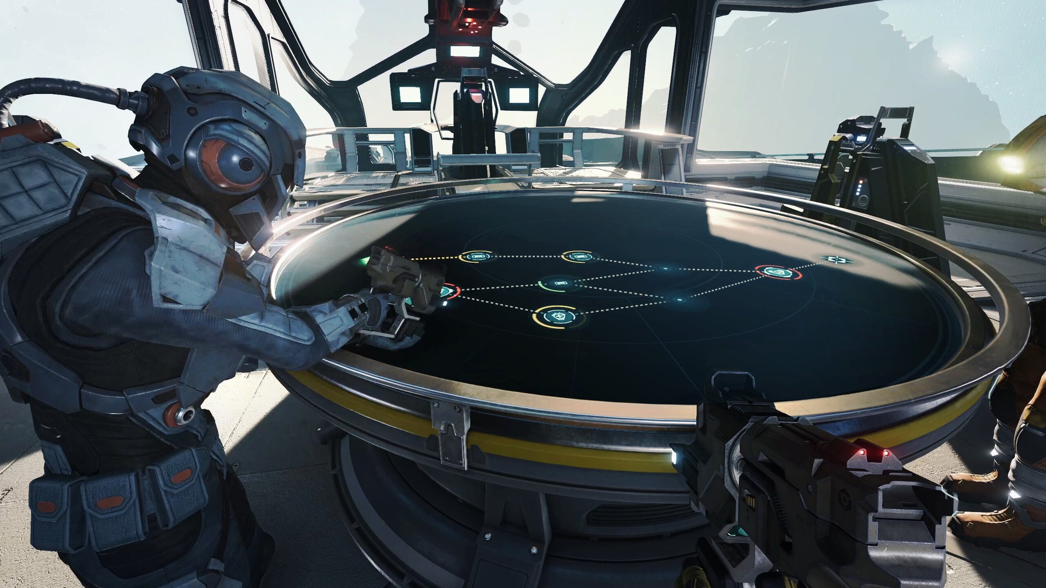 A player standing over the galaxy map table in Jump Ship, choosing a destination - 5