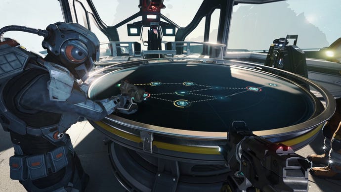 A player standing over the galaxy map table in Jump Ship, choosing a destination