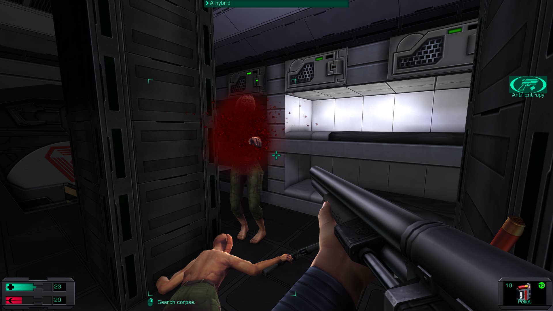 2. A screenshot of System Shock 2: 25th anniversary remaster showing the player blasting a shotgun hybrid with a shotgun.