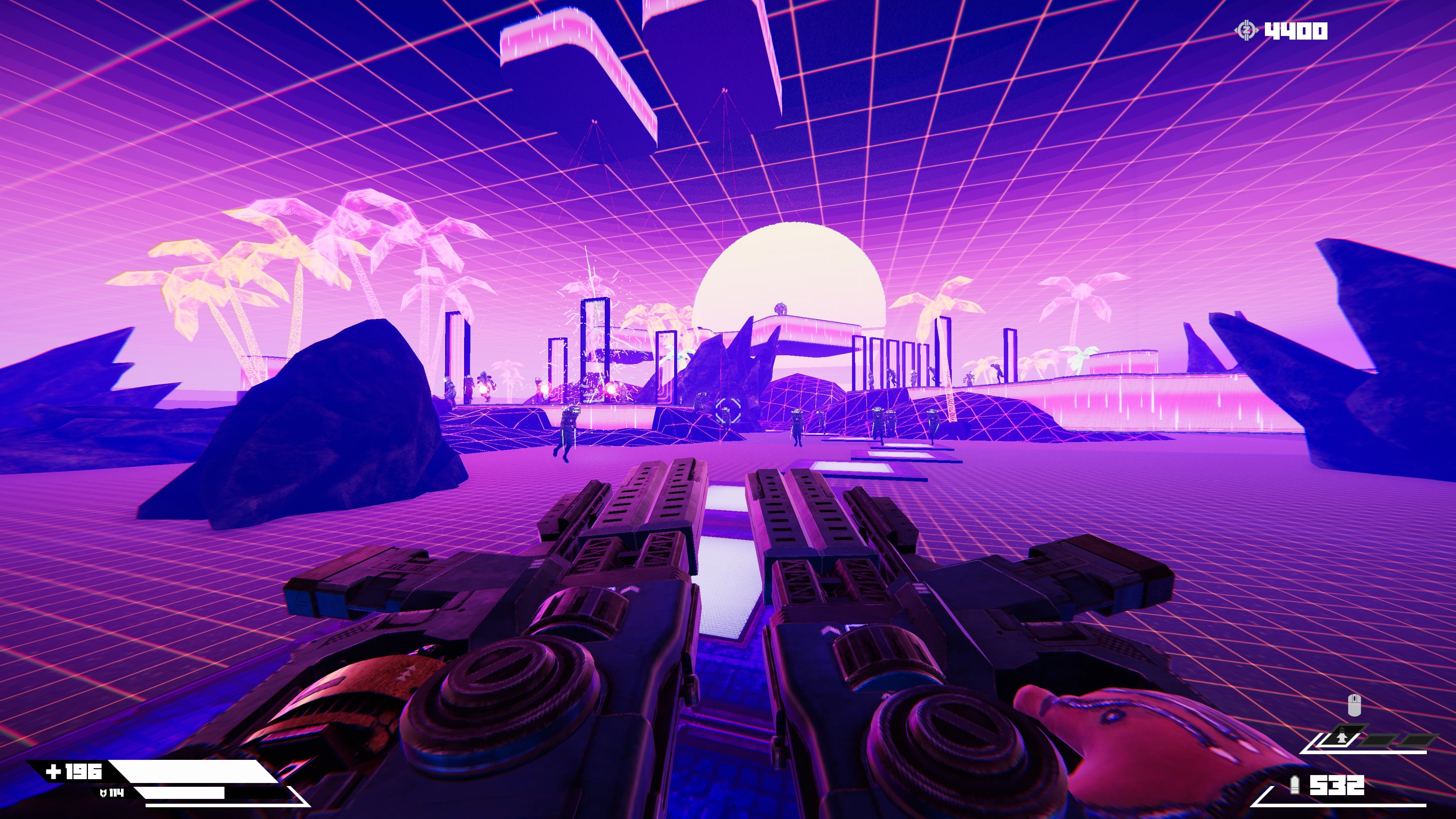 A screenshot of Turbo Overkill, showing the player fighting enemies in a vibrant holographic nightclub.
