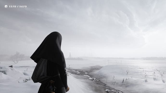 Indika screenshot showing her looking out over vast snowy flatlands and a small stream