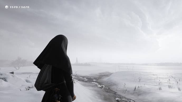 Indika screenshot showing her looking out over vast snowy flatlands and a small stream