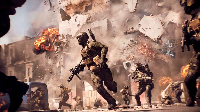 Soldiers running away from an exploding building in a sunny area in Battlefield 6
