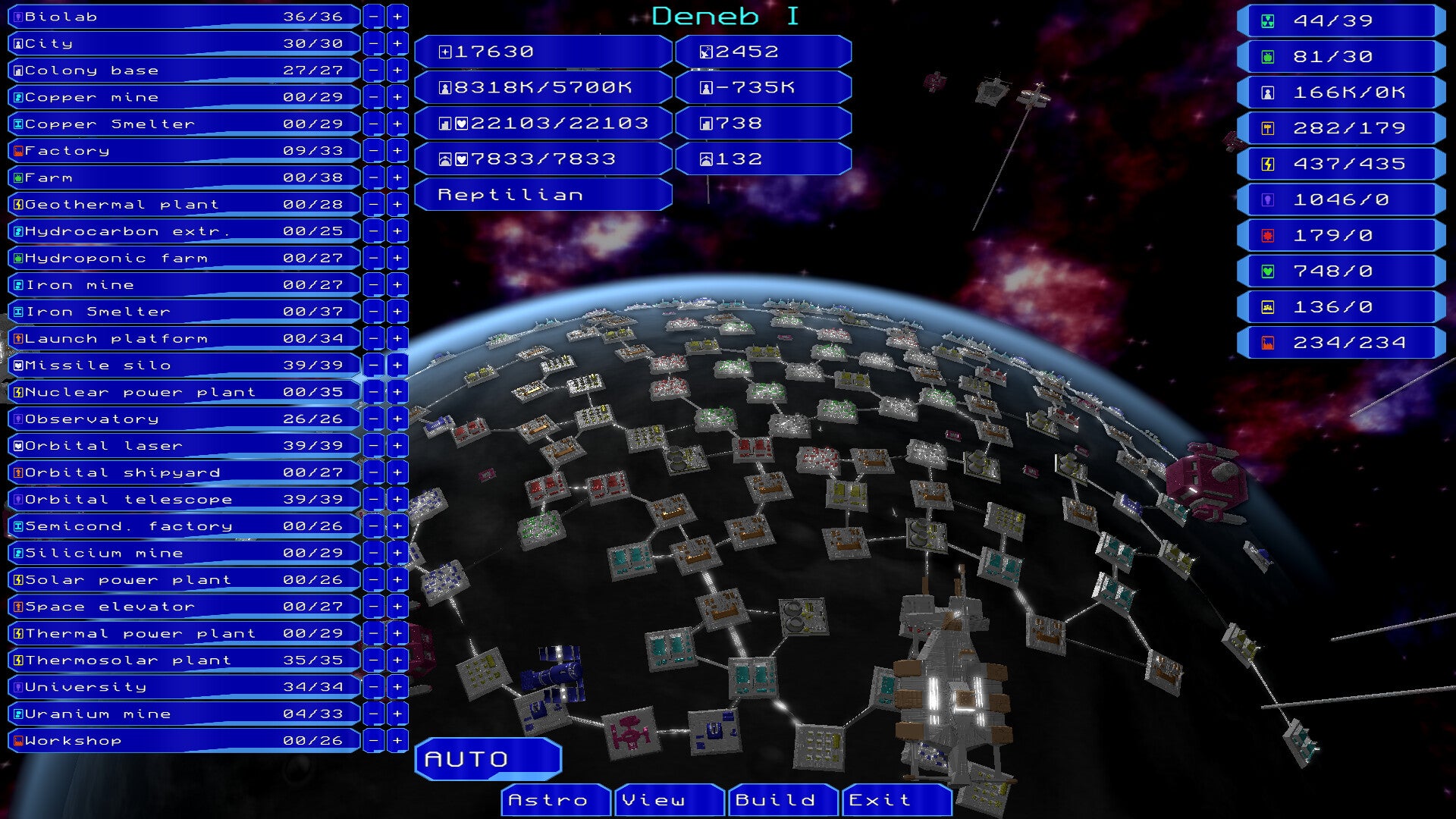 A heavily built-up planet's surface in Hard Void, with blue menus down the side.