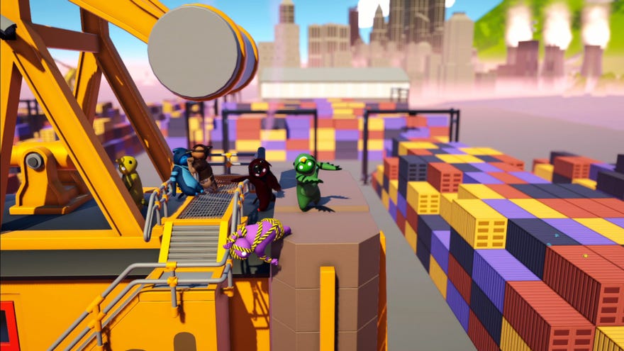 A bunch of silly jelly people standing on a crane in Gang Beasts