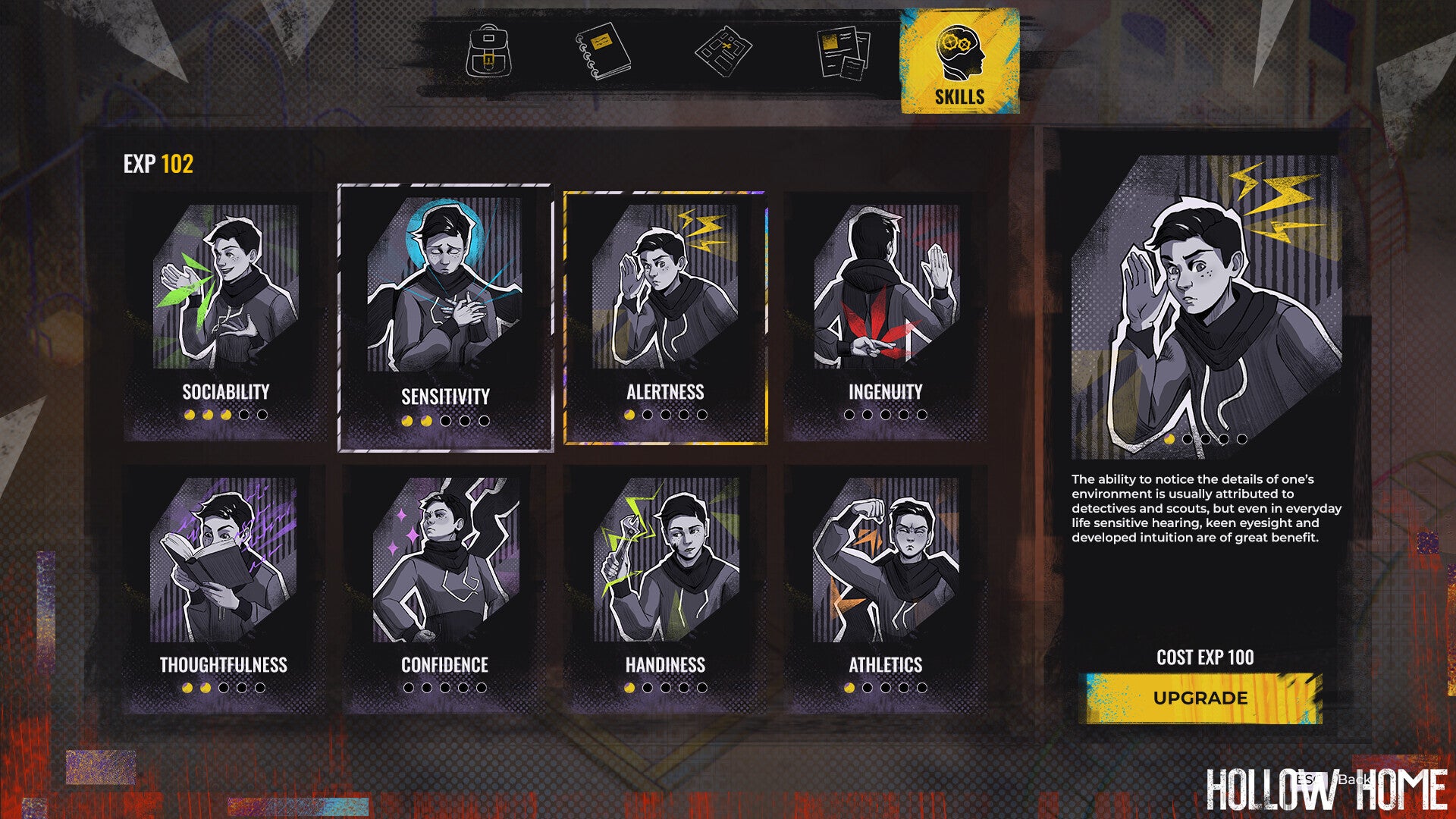 A character skills screen from Hollow Home, with skills including Sociability and Handiness - 3