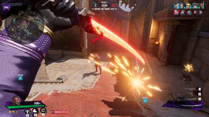 FragPunk screenshot showing first person view of player holding a glowing blade against shooting enemies