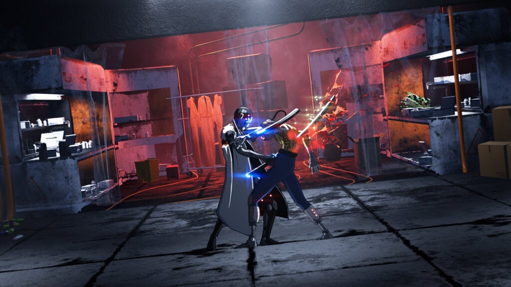 A man stabbing another guy with a katana in 2.5D cyberpunk game Quantic River.