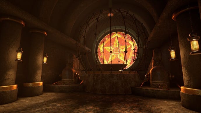 An eerie dark chamber with a huge stained glass star window at the end in the Riven remake