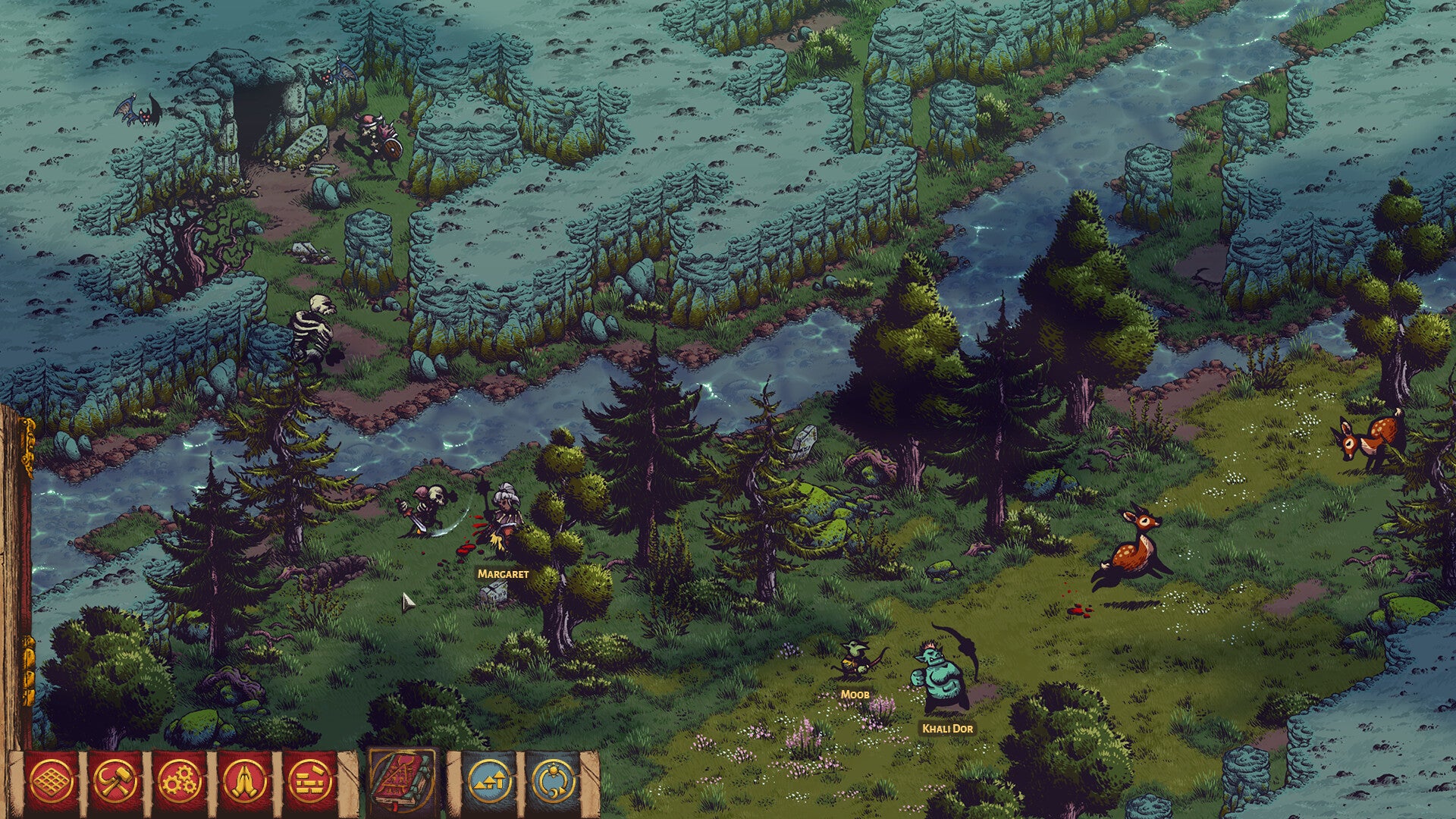 A murky tree-lined waterway viewed in isometric view with critters scampering about and some caves on the left, from Architect of Ruin