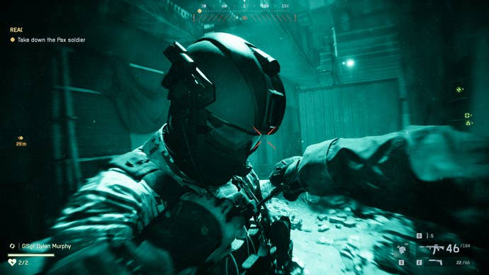A screenshot of Battlefield 6, showing the player stabbing an enemy up close, viewed through night-vision goggles.