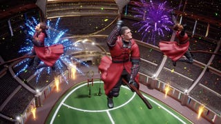 Three quidditch players flying over a stadium on their broomsticks in Harry Potter: Quidditch Champions