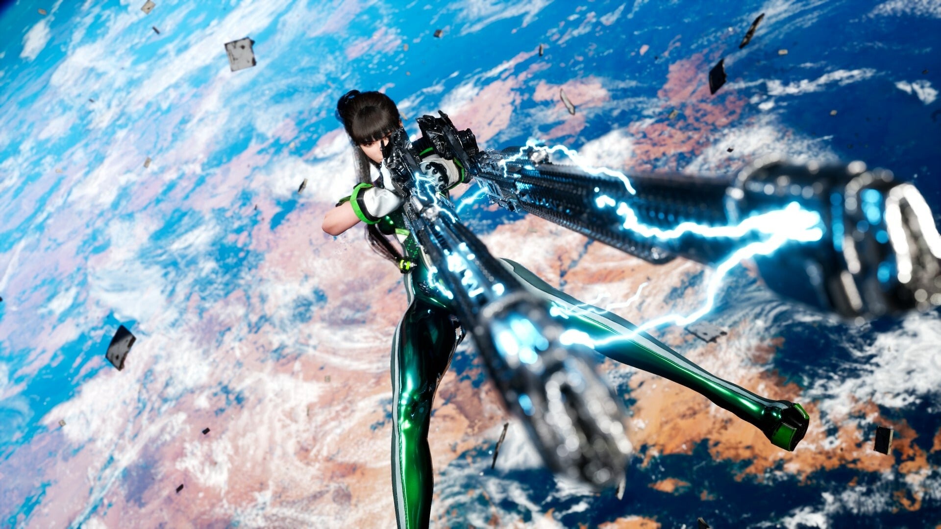 Stellar Blade protagonist Eve in freefall with a huge gun pointed at the camera, miles above a planet's surface - 1