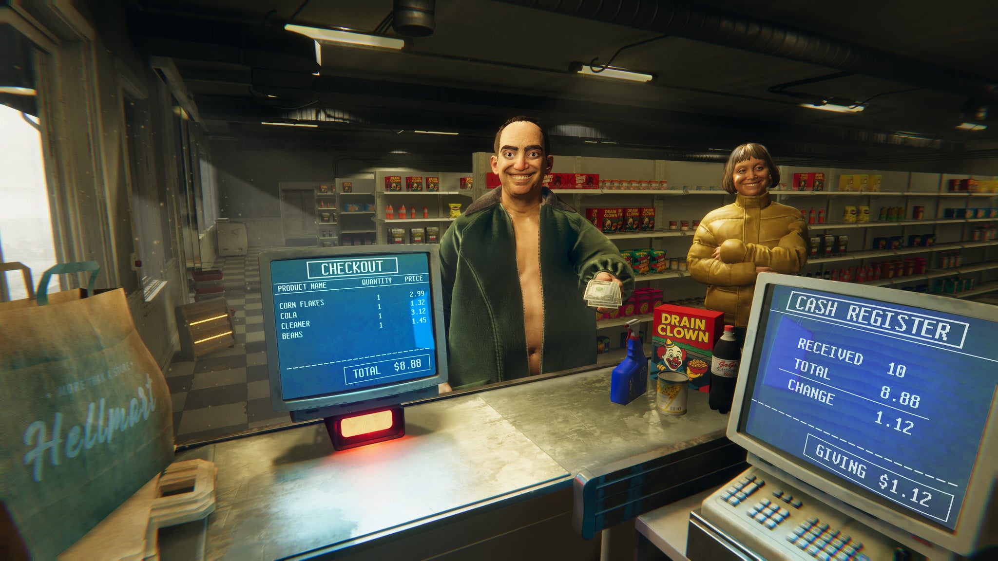 A man and a woman eerily smiling you from the checkout line in Hellmart. - 3