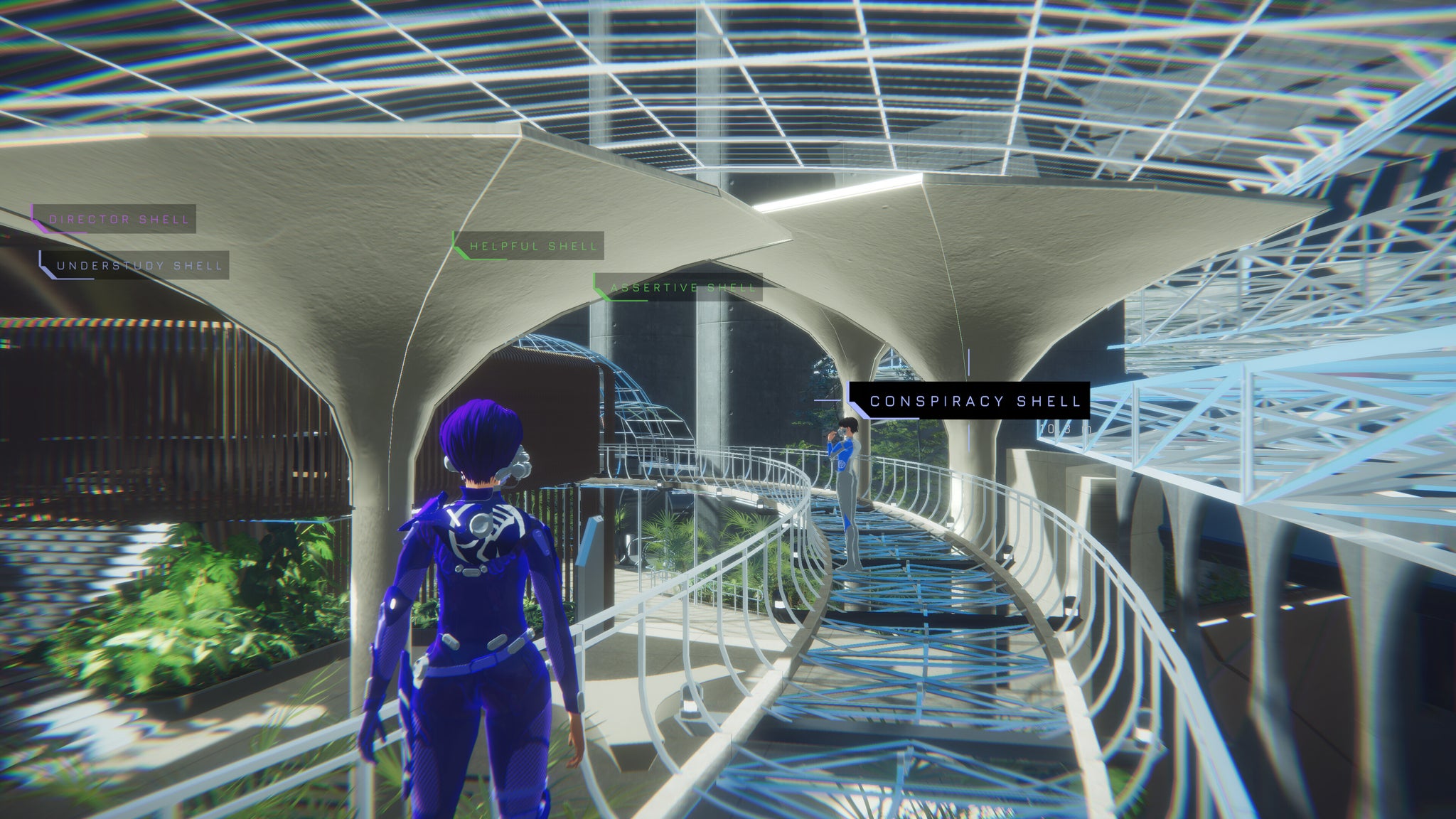 A woman in a metallic blue uniform on a walkway in a sealed futuristic bunker - 4