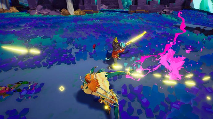 Characters in Hyper Light Breaker fighting - a wash of yellow and purple attacks and projectiles