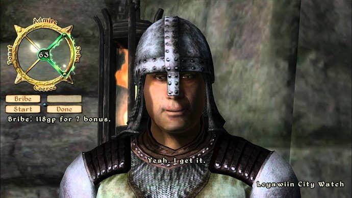 The player trying to win over a soldier using the persuasion minigame wheel in Elder Scrolls 4 Oblivion.