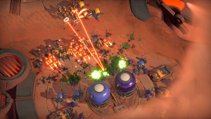 A screenshot of Battle Aces, showing an army attacking a base with beam weapons