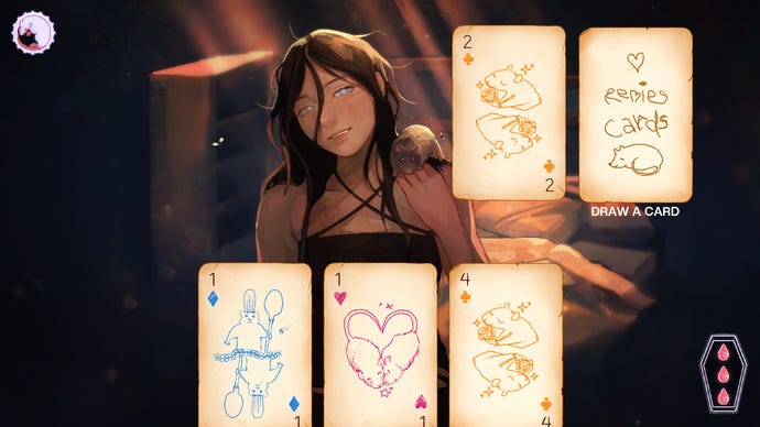 A screenshot of a visual novel in which the player character is being buried alive by their girlfriend, showing an underground card game with rats