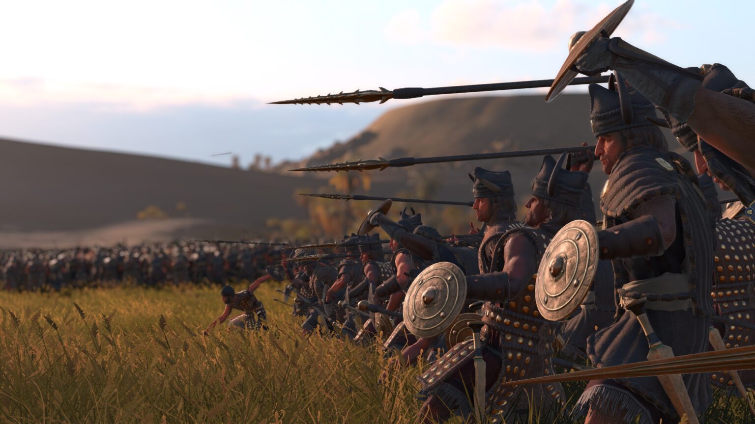 A line of spear-wielding troops in Total War: Pharaoh, viewed from the perspective of one soldier in the line - 1
