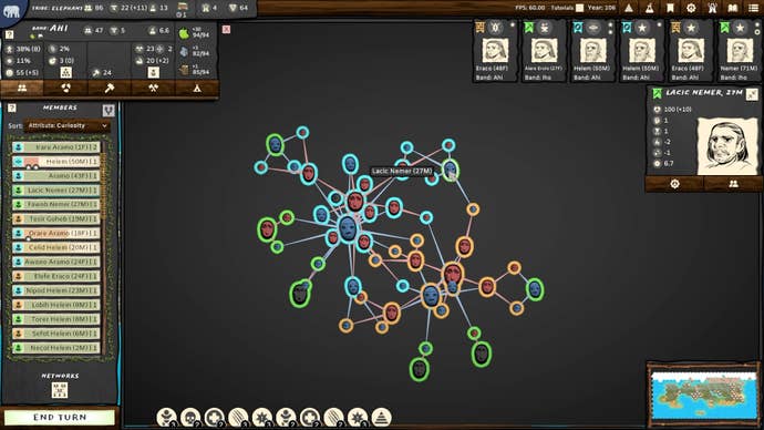 A swirling net of faces representing a community of prehistoric people in Folk Emerging, with menus to either side.