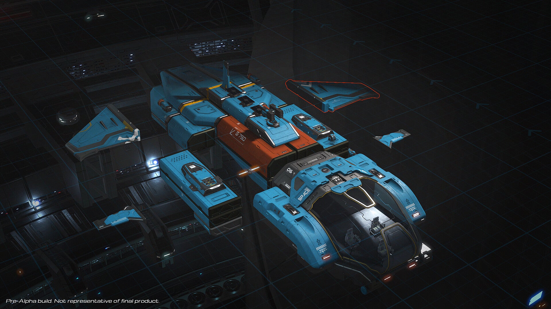 A spaceship being constructed in SpaceCraft, with a blue-red hull and attachable wings. - 6