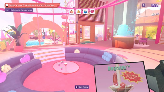 A scene of a circular pink table with purple armchairs in The Crush House, with a video screen showing a ghastly advert for "dogmilk" in the bottom right