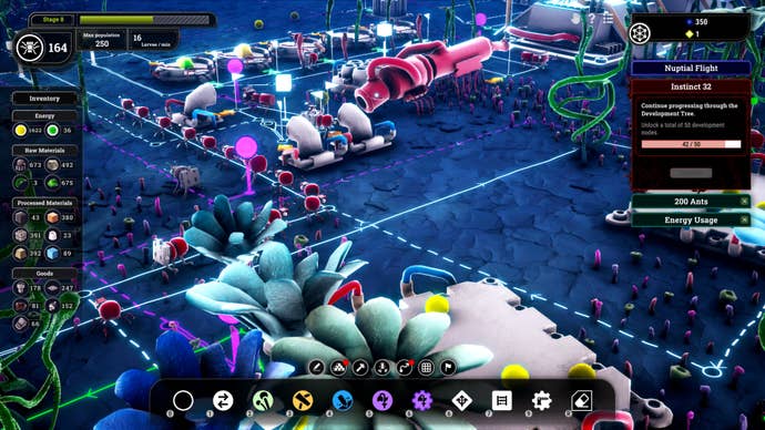 A screenshot from Microtopia showing the game’s factory management interface, with ant worker trails, neon plants and other facilities in the foreground.