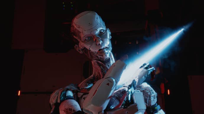 A humanoid robot with an vigor blade, looming menacingly from the acheronian successful Pragmata