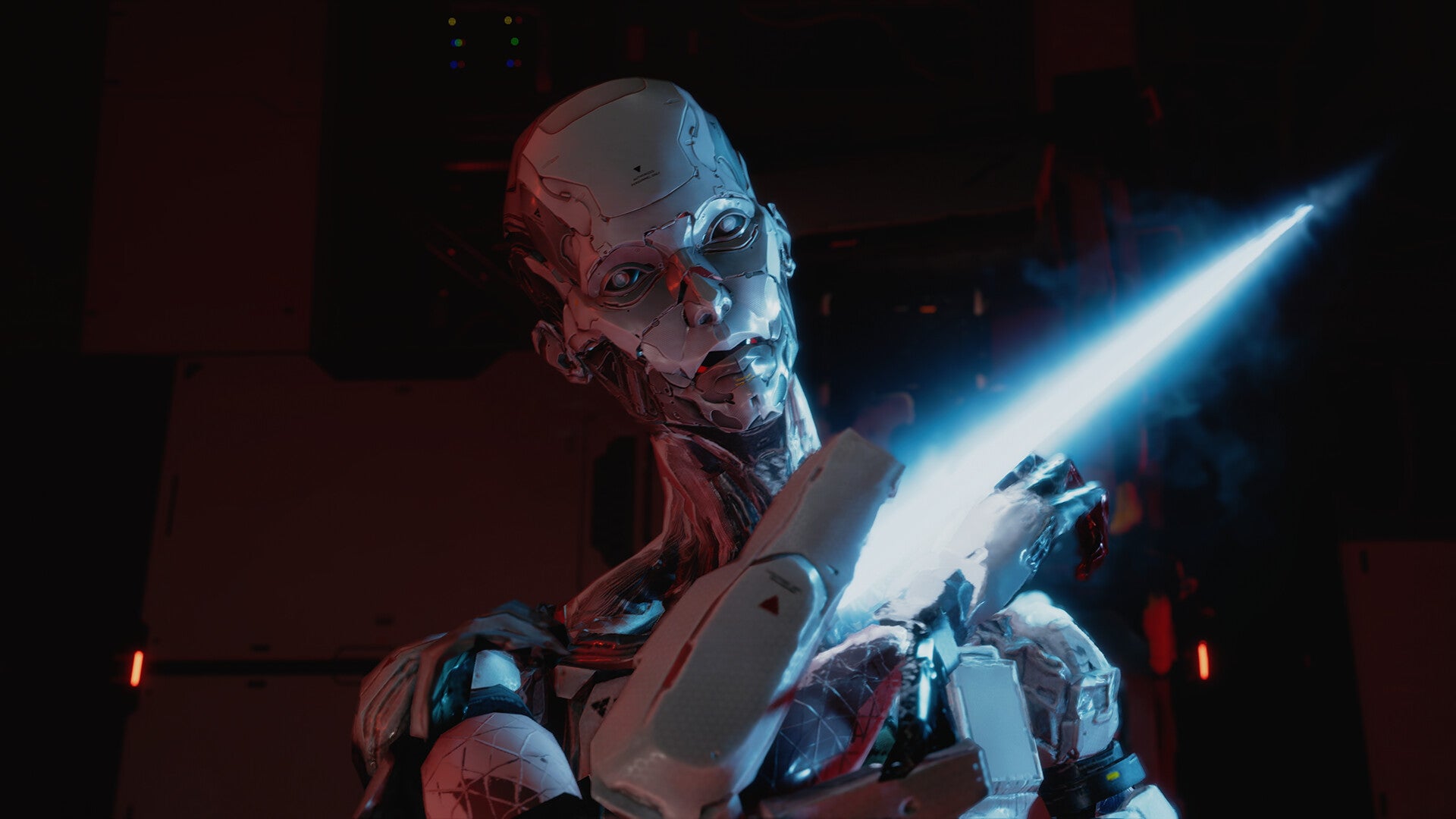 A humanoid robot with an energy blade, looming menacingly from the darkness in Pragmata - 1
