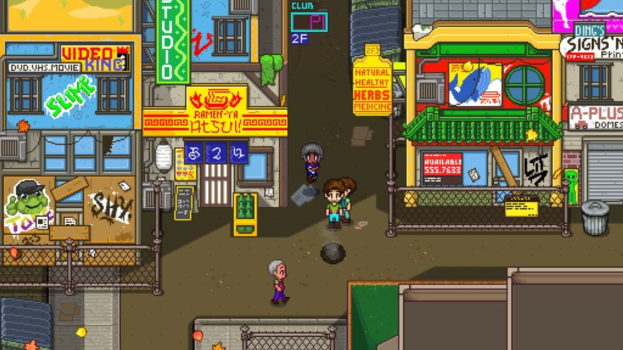 A street scene in Sunkissed City, showing a relatively run-down commercial area with boarded up stores and litter