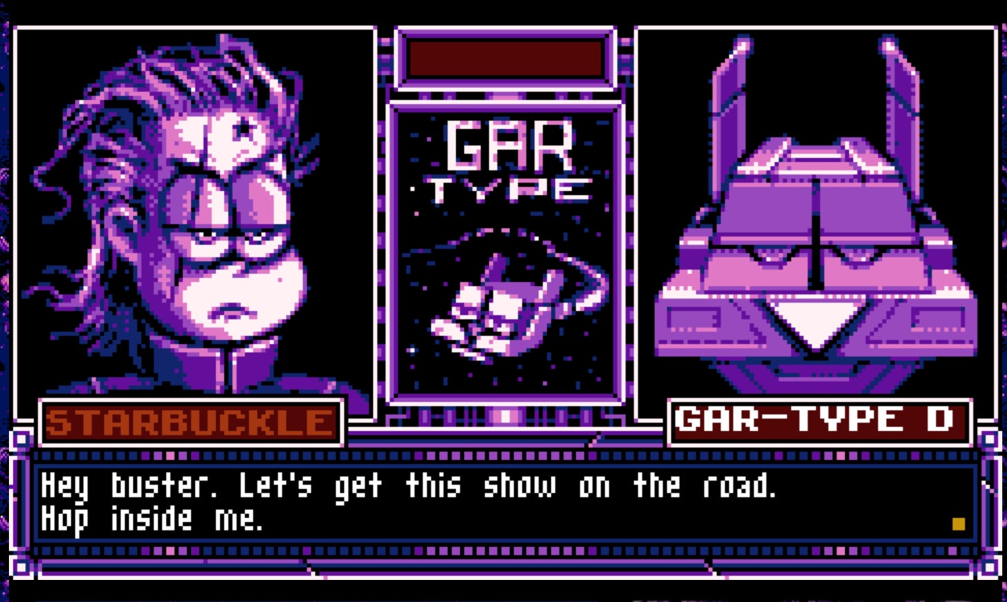 A dialogue screen in fangame Gar-Type, showing ace pilot Jon Starbuckle talking to his sentient ship, Gar-Type-D - 4