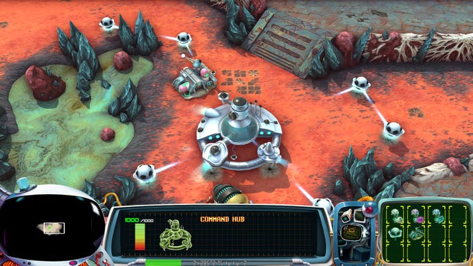 A metallic human outpost on a dusty red planet in RTS Space Tales