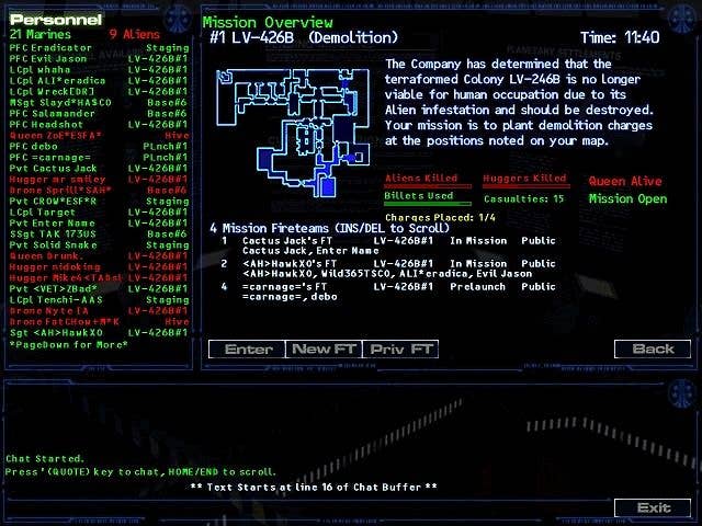 A map of a level in Aliens Online represented as a blue, green and white lines on a black background with a lot of descriptive text