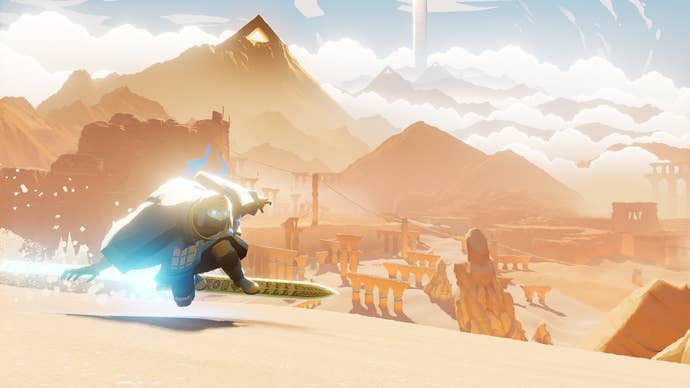 A wraith warrior surfing the soil connected a hovering sword against a backdrop of mountains and ruins, from Sword Of The Sea