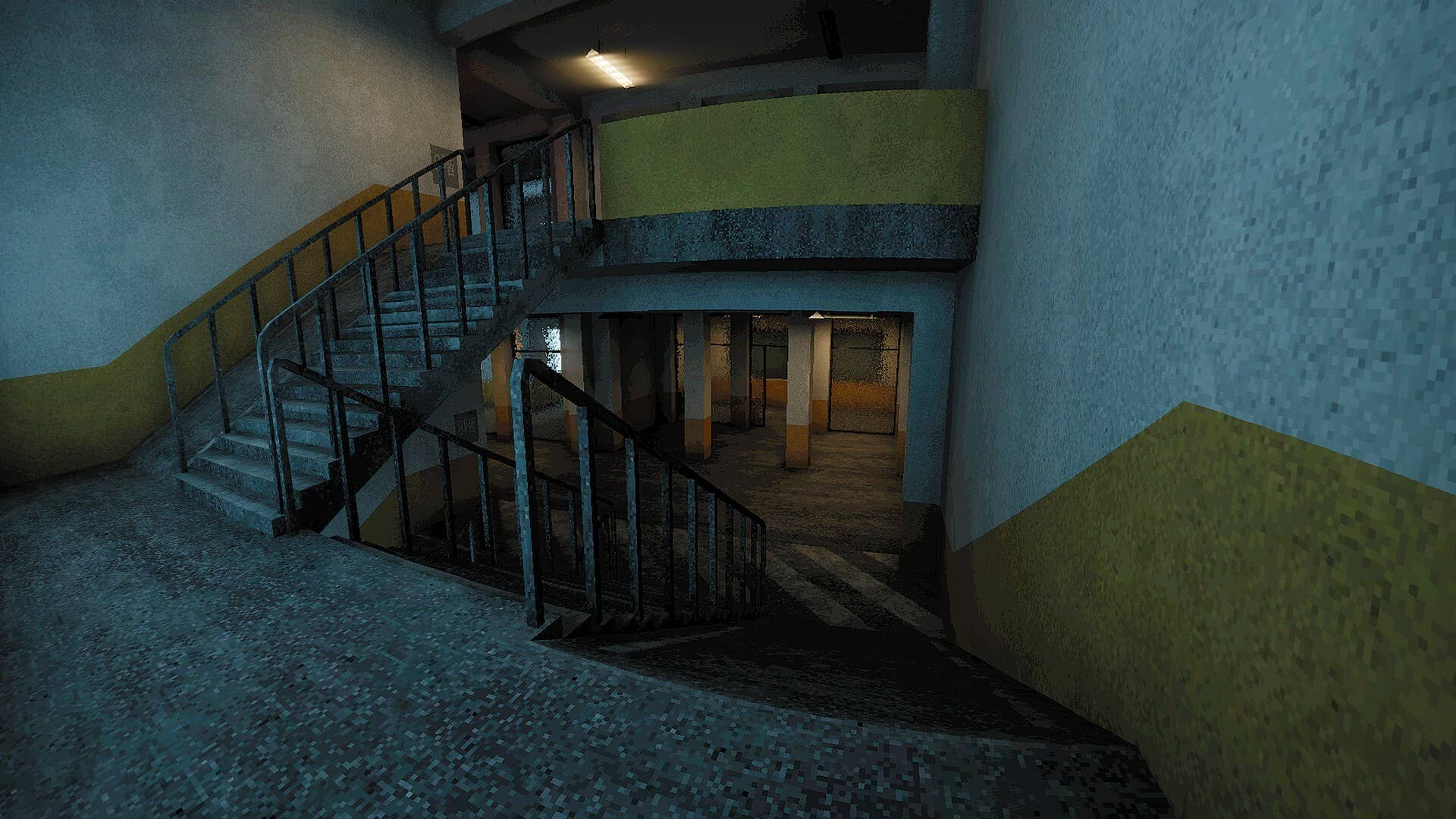 A first-person view of a stairway landing in a big empty office building, from Chairbound.