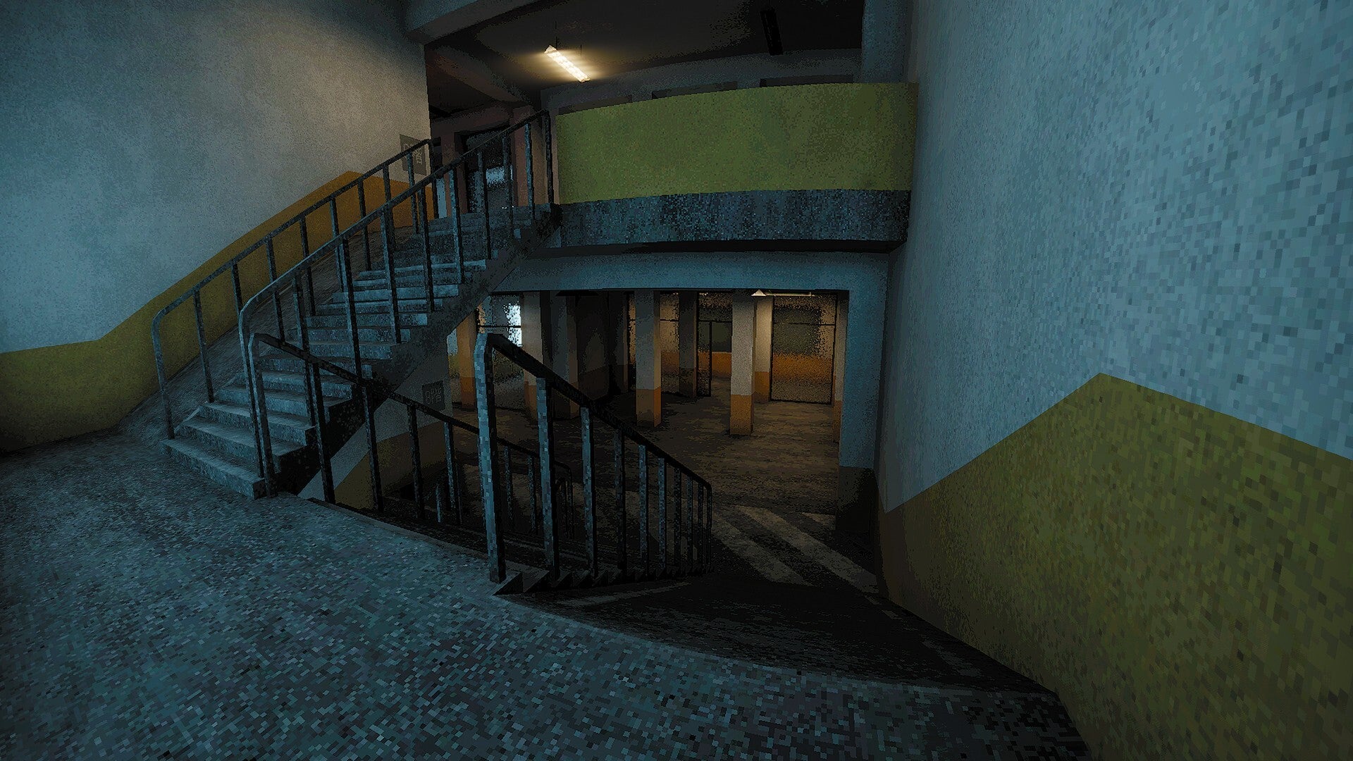 A first-person view of a stairway landing in a big empty office building, from Chairbound. - 3