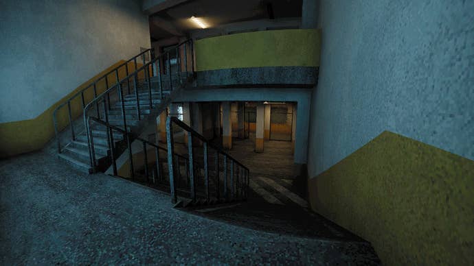 A first-person presumption of a stairway landing successful a large bare bureau building, from Chairbound.