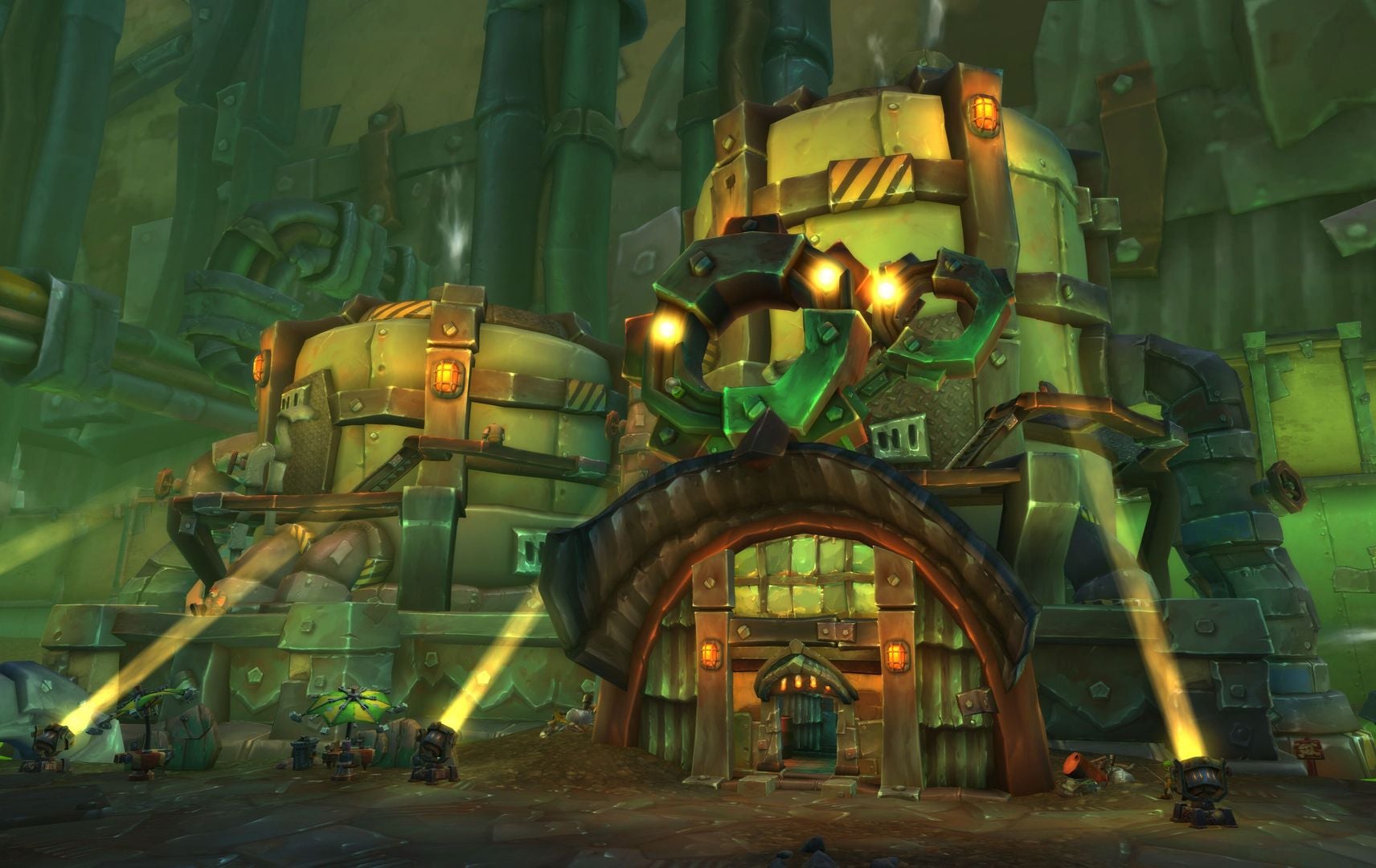 A huge metal building with arches and spotlights from the Undermine goblin city in World Of Warcraft - 4