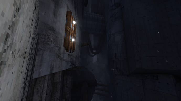A view of a sheer concrete surface with a couple of lights in Lorn's Lure