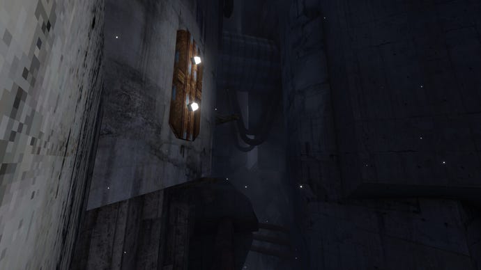 A view of a sheer concrete surface with a couple of lights in Lorn’s Lure