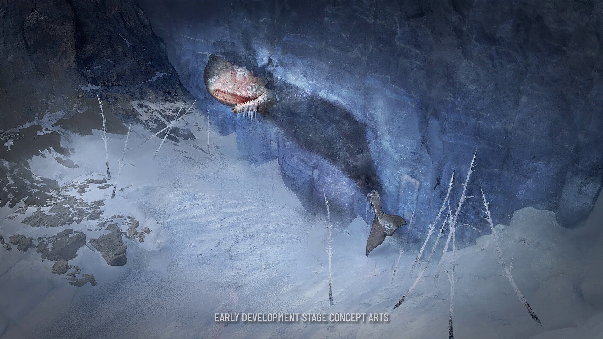 A dead sperm whale frozen into a crater wall in Frostpunk: 1886.