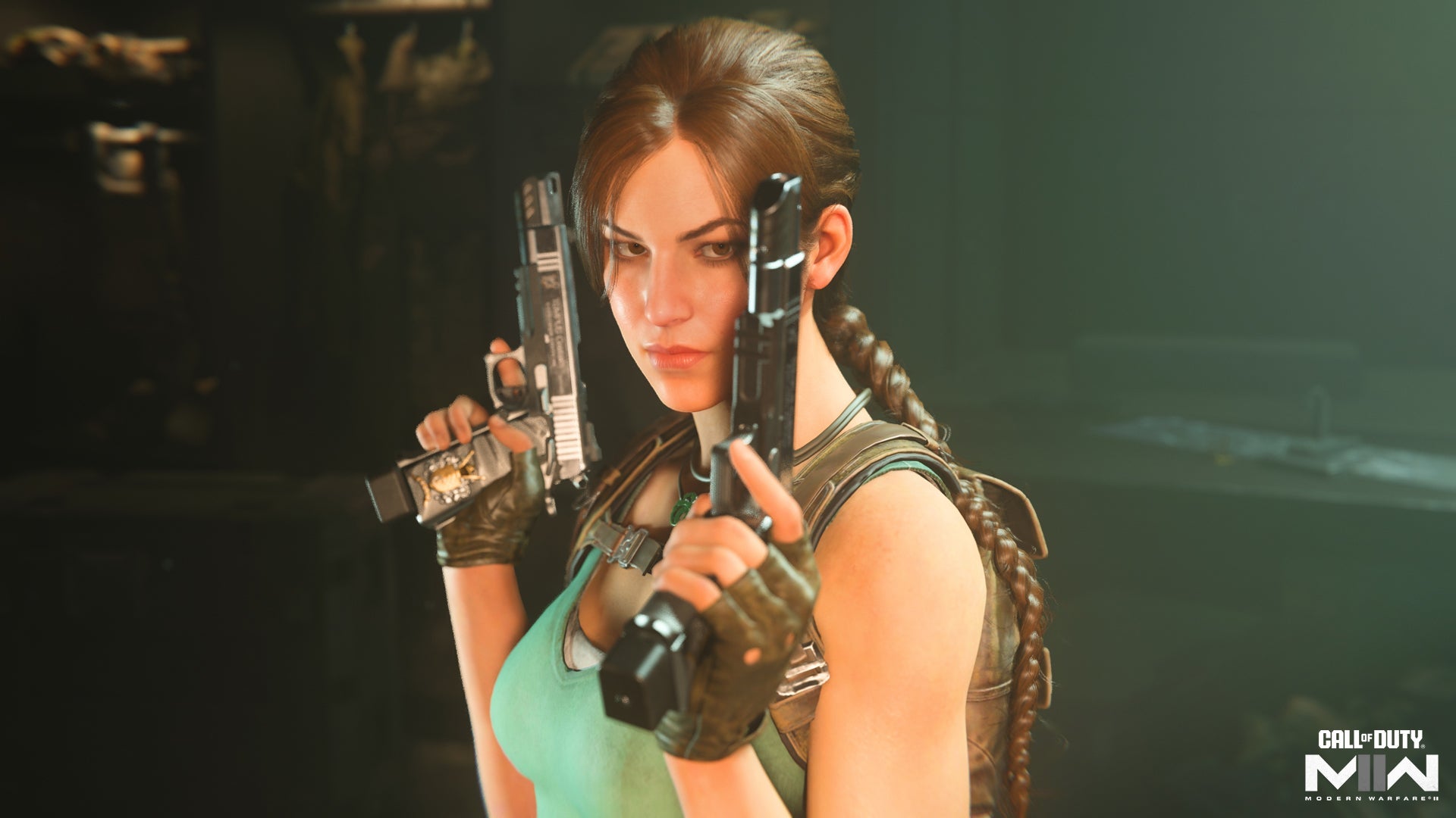The in-game model for  Lara Croft in Call of Duty: Modern Warfare 2, showing the character cocking her two pistols ready to fire.