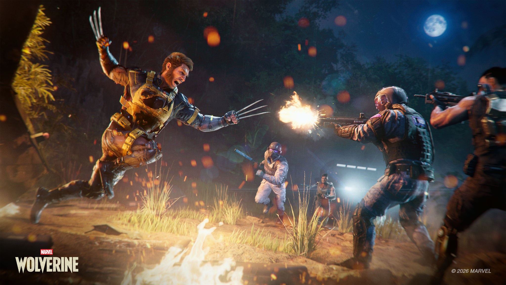 Wolverine fights in a jungle environment, leaping over a fire with claws extended to attack several soldiers as they fire bullets towards him.
