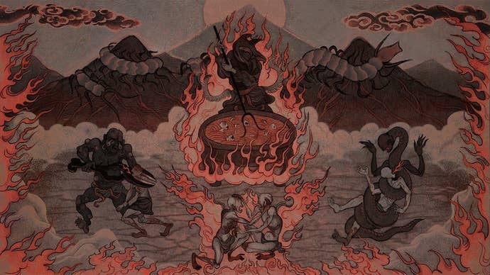 A feudal Japanese-style mural of demons tormenting souls successful fire